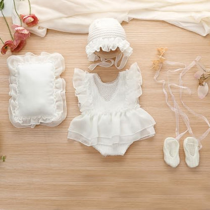 Holibeat Baby Girl 4PCS Photography Props (Romper+Pillow+Hat+Shoes) Newborn Girl Christmas Lace Photoshoot Outfits Infant Posing Props (white) - color: White1