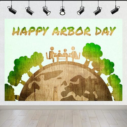 BELECO 10x10ft Fabric Happy Arbor Day Backdrop Wood Earth Shape with Family Among Green Trees Background Arbor Day Party Decorations Photo Booth Shoot Studio Props - size: 10x10FT