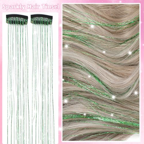 Hair Tinsel Clip in 12 Pcs Glitter Tinsel Hair Extensions 20 Inch Fairy Hair Clip in Hair Tinsel Heat Resistant Sparkly Hair Accessories for Girls Women Kids (Green) - color: Green