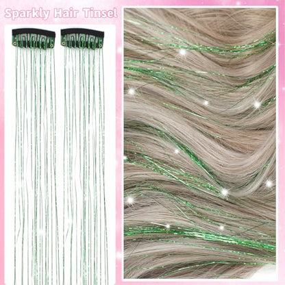 Hair Tinsel Clip in 12 Pcs Glitter Tinsel Hair Extensions 20 Inch Fairy Hair Clip in Hair Tinsel Heat Resistant Sparkly Hair Accessories for Girls Women Kids (Green) - color: Green