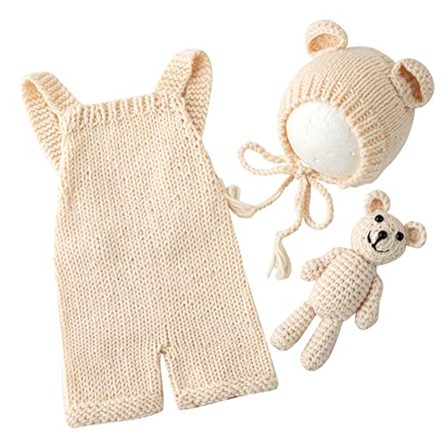 Newborn Photography Props Boys Girls Outfits Baby Photo Props Knit Bear Hat Romper Photoshoot Costume Set - color: Beige
