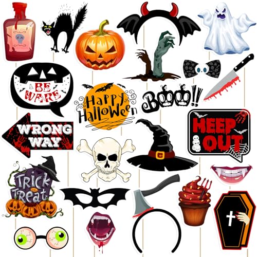 Halloween Photo Booth Props Kit, 24 Pieces DIY Vintage Scary Party Supplies, Vampire Skull Witch Photo Booth Props Kit for Women & Men Dress Up Accessories Costumes Props