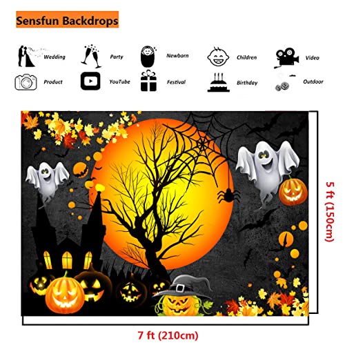 Sensfun Halloween Ghost Backdrop for Kids Adult Birthday Photography Moon Night Pumpkin Castle Background Halloween Trick Or Treat Party Backdrops Banner Decoration PhotoShoot Booth Picture Prop 7x5ft - size: 7x5ft