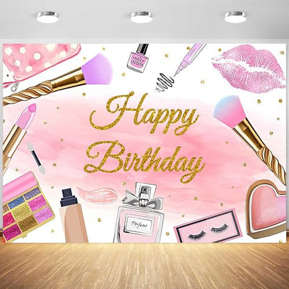 10x6.5ft Spa Happy Birthday Backdrop for Girls Pink Cosmetics Photography Background Birthday Makeup Theme Party Sweet 16th Decoration Supplies Photo Booth Props - size: 10x6.5ft