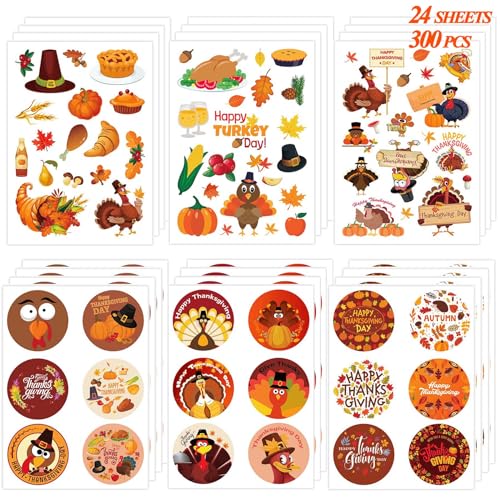 Joy Bang 300 PCS Thanksgiving Stickers for Kids, 24 Sheets Happy Thanksgiving Fall Sticker Turkey Stickers Crafts for Kids, Friendsgiving Party Favors Supplies Games Activities Gifts - style: Thanksgiving