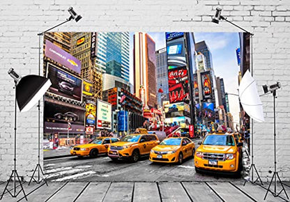 Fabric 9x6ft New York City Backdrop NYC Times Square Broadway Street Neon Taxi Landmark Background for Wedding Banquet NYC Themed Birthday Party Banner Kids Adults Portrait Photo Props - size: 9x6ft