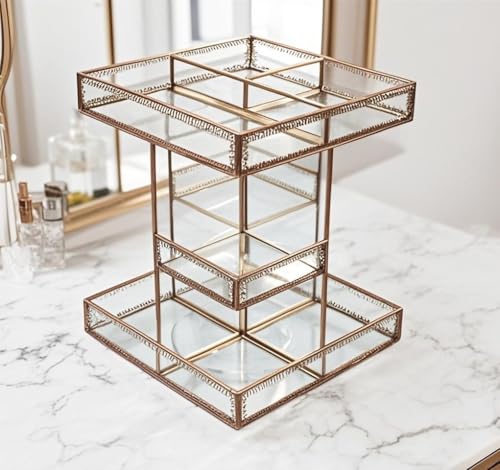 360 Rotating Glass Makeup Organizer, Spinning Vanity Cosmetic Storage with Multi-Layer Compartments, Luxury Countertop Rotating Makeup Holder for Skincare, Perfume, Cosmetics - color: Brass
