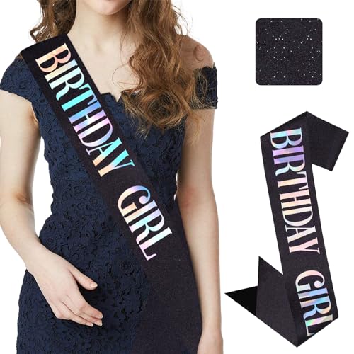 CIEHER Birthday Girl Sash for Women Girls, 67" L x 3.6" W, Black - Perfect for 16th 18th 21st 30th 40th 50th 60th 70th 80th Birthday Decorations - color: Black