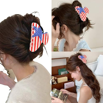 4th of July Hair Claw for Women Girls Patriotic Red White Blue Acrylic Hair Clip Strong Holder for Her Thick Hair Accessory Set of 2 - color: Clown I