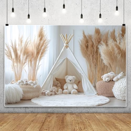YongFoto Bear Theme Backdrop 6x4ft Tent Blanket Pampas Boho Photography Background Baby Shower Cradle Ceremony Kid Birthday Party Banner Baby Portraits Photoshoot Wallpaper Photo Studio Booth Prop - color: Style 6, size: 6ftx4ft