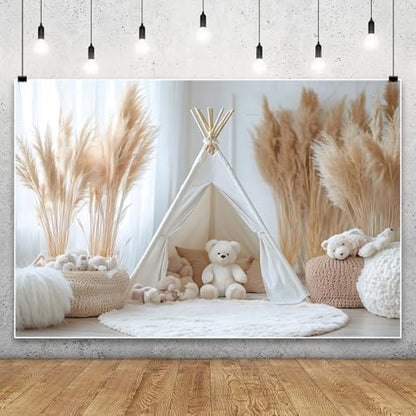 YongFoto Bear Theme Backdrop 6x4ft Tent Blanket Pampas Boho Photography Background Baby Shower Cradle Ceremony Kid Birthday Party Banner Baby Portraits Photoshoot Wallpaper Photo Studio Booth Prop - color: Style 6, size: 6ftx4ft