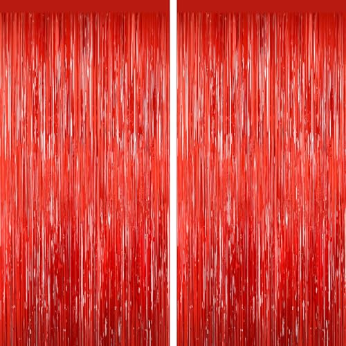 Red Tinsel Backdrop Foil Fringe Curtains - 2 Packs Door Streamers Backdrop for Birthday Door Decorations, Party Supplies for Wedding Anniversaries, Christmas, Valentines Day Decorations - color: Red