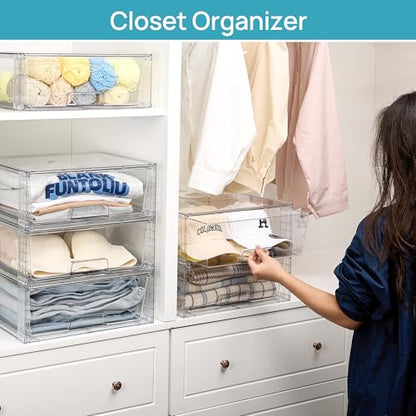 Vtopmart 2 Pack Large Stackable Storage Drawers,Easily Assemble Clear Acrylic Bathroom Closet Undersink Organizers,Plastic Storage Bins for Cabinet,Kitchen Pantry,Medicine Organization