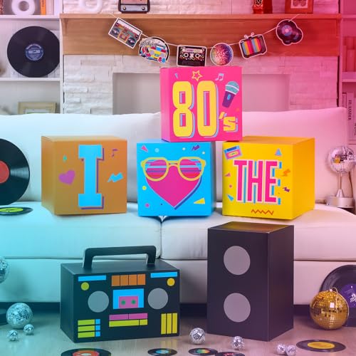 Amyhill 6 Pcs Large 80s Party Decorations Hip Hop Favor Set Paper Party Boxes Novelty Disco Theme Decoration for Retro 1980s 1990s Theme Birthday Neon Disco Music Supplies - style: 80s