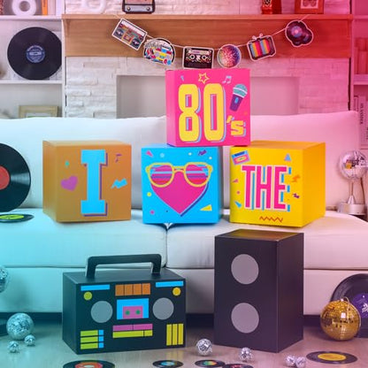 Amyhill 6 Pcs Large 80s Party Decorations Hip Hop Favor Set Paper Party Boxes Novelty Disco Theme Decoration for Retro 1980s 1990s Theme Birthday Neon Disco Music Supplies - style: 80s
