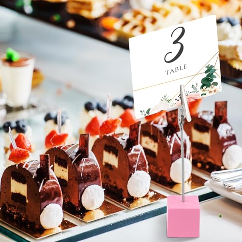 Gersoniel 20 Pcs Cube Base Memo Clip Holder with Alligator Clip Wood Table Number Holder Cube Base Place Card Stand Mini Photo Menu Stand for Displaying Number Card (Pink) - color: Pink