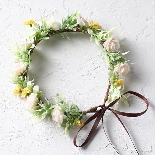Girls Rose Flower Crown - White Boho Flower Headband Bridal Wreath Popular Floral Headpiece for Women Wedding, Baby Shower, Family Photos and Fancy Gala - color: Yellow White