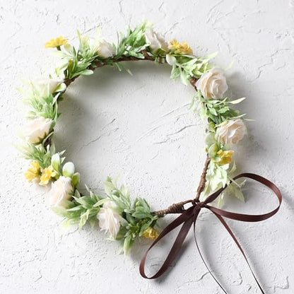 Girls Rose Flower Crown - White Boho Flower Headband Bridal Wreath Popular Floral Headpiece for Women Wedding, Baby Shower, Family Photos and Fancy Gala - color: Yellow White