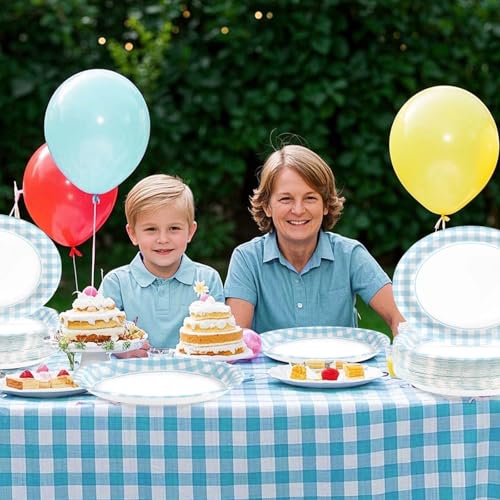 50PCS Light Blue Gingham Paper Oval Plates 10" X 12" Disposable Light Blue and White Gingham Party Plates Disposable Heavy Duty Checkered Plaid Dinnerware for BBQ Gathering Picnic Baby Shower Birthday - style: Blue Gingham Oval Kit