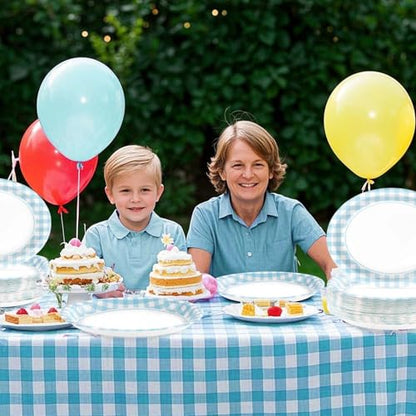 50PCS Light Blue Gingham Paper Oval Plates 10" X 12" Disposable Light Blue and White Gingham Party Plates Disposable Heavy Duty Checkered Plaid Dinnerware for BBQ Gathering Picnic Baby Shower Birthday - style: Blue Gingham Oval Kit