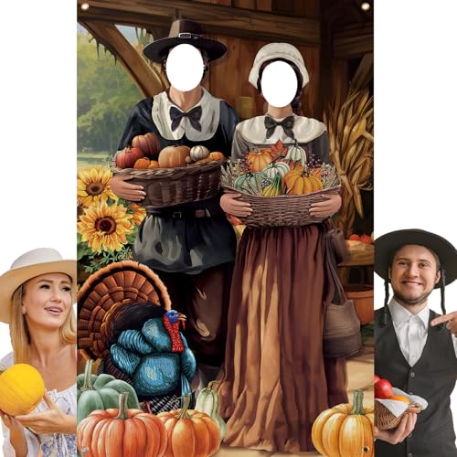 Lunmon Thanksgiving Photo Props Banner 6 x 4 ft Pumpkin Couple Photography Backdrop Autumn Fabric Large Photo Door Banner for Autumn Party Fall Festival Thanksgiving Decorations - color: Thanksgiving