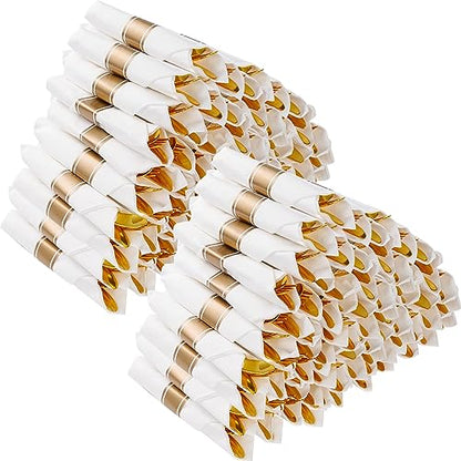 Goodluck 100 Pack Pre Rolled Gold Plastic Silverware, Wrapped Plastic Cutlery Set with Napkin Include 100 Forks, 100 Knives, 100 Spoons and 100 Napkins, Disposable Silverware for Party, Wedding - size: 100pc, style: Gold