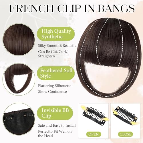 Bangs Hair Clip in Bangs, French Medium Brown Fake Bangs Hair Clip on Bangs for Women Fringe with Temples Hairpieces Faux Bangs for Daily Wear - color: Medium Brown