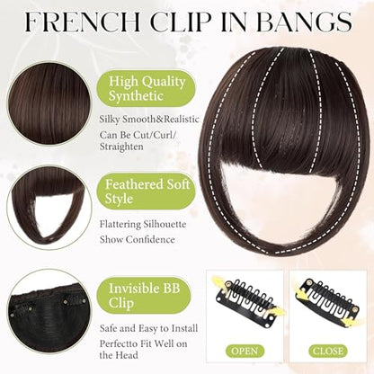 Bangs Hair Clip in Bangs, French Medium Brown Fake Bangs Hair Clip on Bangs for Women Fringe with Temples Hairpieces Faux Bangs for Daily Wear - color: Medium Brown