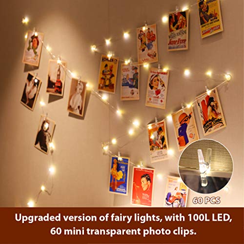 HXWEIYE Warm White Photo Clips String Light, Timer & 8 Modes, 33Ft 100LEDs Battery Powered Fairy Light with 52 Clear Clips & 12 Hooks on Wall for Hanging Picture,Bedroom Party - color: Warm White, size: 8 Mode Battery Powered-100LEDs