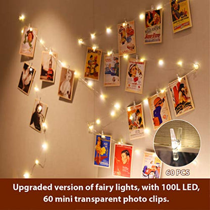 HXWEIYE Warm White Photo Clips String Light, Timer & 8 Modes, 33Ft 100LEDs Battery Powered Fairy Light with 52 Clear Clips & 12 Hooks on Wall for Hanging Picture,Bedroom Party - color: Warm White, size: 8 Mode Battery Powered-100LEDs