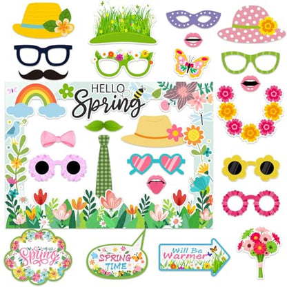 Hello Spring Party Photo Booth Props Kit- 25 Pcs Spring Photo Booth Props with 1 Paper Photo Frame for Spring Summer Easter Flower Themed Birthday Party Decorations