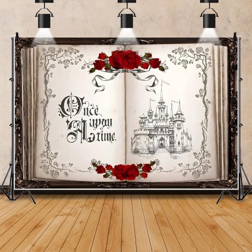 Leowefowa 10x6.5ft Once Upon a Time Backdrop for Photography Vintage Fairy Tale Books Opening Background Ancient Castle Red Rose Floral Romantic Story Birthday Wedding Party Banner Decor Studio Prop - color: Black Red, size: 10x6.5ft