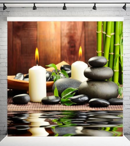 Meditation Relax Backdrop 5x5ft Bamboo Zen Stone Candle Water Woodiness Floor, Dessert Table Banner Decoration Background Studio Photography Props BJOKPH0024 - size: 5x5ft