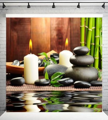 Meditation Relax Backdrop 5x5ft Bamboo Zen Stone Candle Water Woodiness Floor, Dessert Table Banner Decoration Background Studio Photography Props BJOKPH0024 - size: 5x5ft