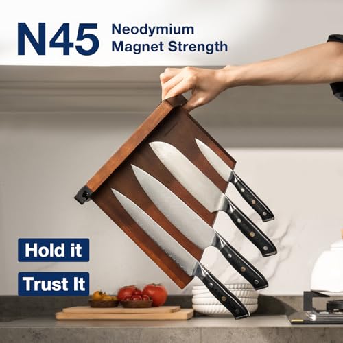 Gourmetop Magnetic Knife Holder with Built-in Sharpener, 100% Acacia Wood Magnetic Knife Block without Knives, Strong Double-Sided Magnetic Knife Holder for Kitchen Countertop Organization, Dark Wood - color: Dark Wood