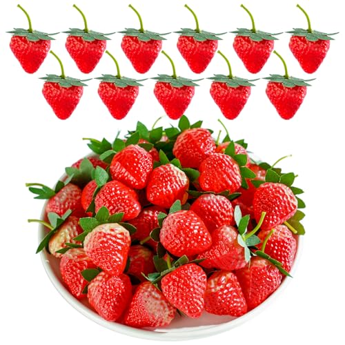 Artificial Red Strawberries - 50 Pcs Fake Lifelike Fruit Plastic Strawberries for Home Kitchen Party Photography Props, Simulation Fruit Set, Party Chirstmas Decortion - color: Strawberry