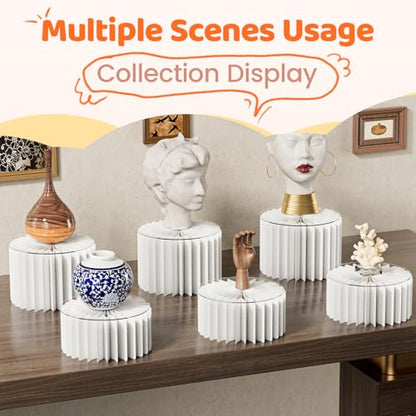 HeiMma 4 Pack Buffet Risers, FOLDABLE Accordion Food Display Risers for Dessert Table,Dessert Table Display Set, White Cardboard Cylinder Cake Cupcake Stands for Party, Multi-height, 12in Round