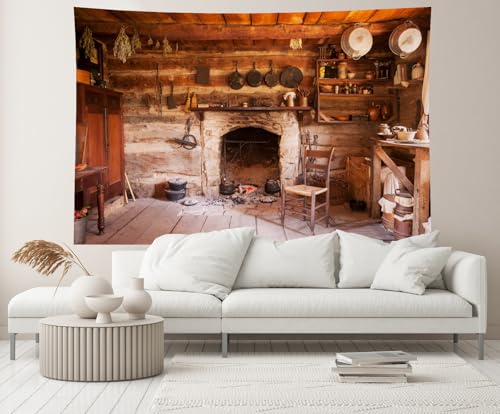 17x10ft Rustic Kitchen Backdrop Rustic Old Rural Farmhouse Interior Homestead Western Antique Inn Restaurant Room Fireplace Background Kids Adults Portrait Photo Studio Props - size: 17x10FT