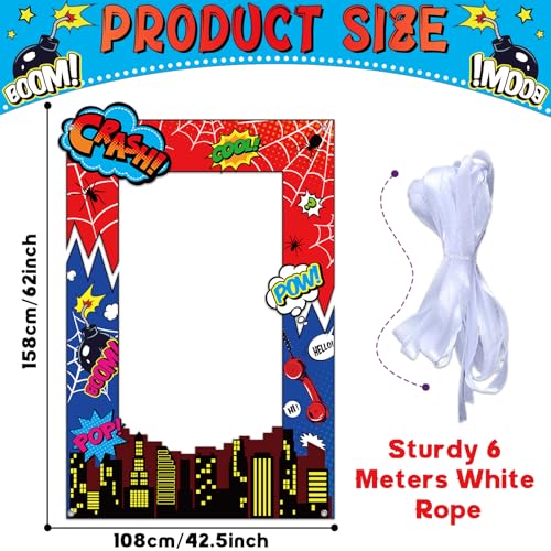 Fabric Comic Hero Photo Prop Super Theme Hero Birthday Party Decoration Red Spider Web Backdrop Banner Cityscape Theme Photo Booth Frame Background for Kids Birthday Party Supplies 62x41inch