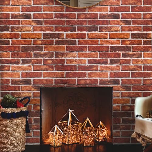 Abyssaly Brick Wallpaper Peel and Stick Red Brick Wall Paper for Bedroom 17.71” x 393.7” Vintage Faux Brick Contact Paper for Fireplace Kitchen Backsplash Accent Home Decorations - color: Red, size: 17.7" x 393.7"