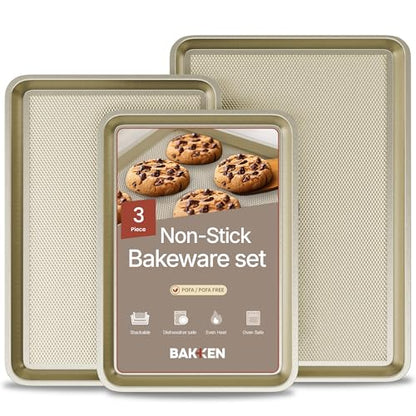 Diamond Bottom Cookie Sheet Set of 3, Nonstick Gold Carbon Steel Baking Pans for Crisp Baking, Space-Saving Stackable Trays, PFOA, PFOS, PTFE Free, Oven Safe Up to 450°F, Small, Medium & Large Sheets - color: Gold, size: Pack of 3