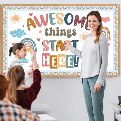 Wiooffen Back to School Classroom Decorations Boho Motivational Inspirational Quotes Backdrop Awesome Things Start Here Hanging Banner Photo Booth Props Background for School Hallway Home Wall Decor