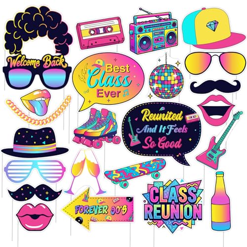24PCS 90s Class Reunion Photo Booth Props, Retro 1990s Party Decorations with Neon Glasses, Boombox, Best Class Ever Reunited Forever 90's Photo Props for Welcome Back High School Reunion