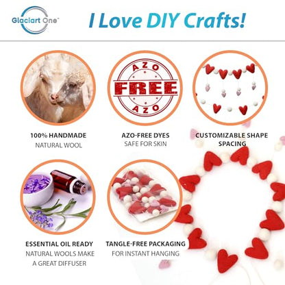 Glaciart One Felt Heart Garland – 6 Feet, 20 Hearts, Pom Pom Decorations, Nursery Decor, Bunting, Birthday Party Decorations, Carnival, Photo Prop