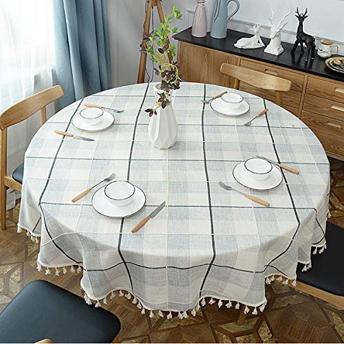 Round Tassel Plaid Tablecloth, Heavy Weight Cotton Linen Fabric Table Cover for Kitchen Dining Tabletop Decoration, Off White & Grey, 78" Round - color: Off White & Grey, size: 78" (Round)