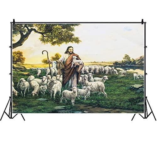 Laeacco Dusk Shepherd Sheep Flock Grassland Fresco Easter Backdrop 7x5ft Jesus Christ Theme Christmas Background Bible Story Church Activities Christian Photo Shoot Studio - size: 7x5ft