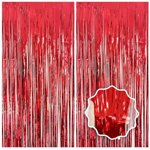 2 Pack Red Streamers Party Backdrop Foil Fringe Curtains Photo Booth Props for Birthday Christmas Wedding Carnival Casino Theme Birthday New Year Holiday Celebration Bachelorette Party Decorations - color: Red