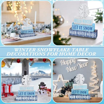 Geelin 4 Pieces Hello Winter Wooden Table Decorations Let It Snow Wooden Signs Rustic Snowflake Tiered Tray Decor Winter Wishes Tabletop Centerpieces for Home Desk Room Kitchen Shelf - style: Snowflake
