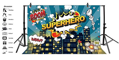 Haoyiyi 5x3ft Superhero Super City Backdrop City Building Dark Blue Sky Boom Cloud Background Photography Children Kids Boys Baby Shower Birthday Artistic Portrait Photo Booth Prop