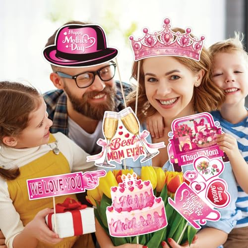 Mothers Day Decorations, Tumwisk 30 PCS Mother's Day Photo Props, Pink Happy Mothers Day Photobooth Decorations Celebrating Mother's Day for Mum Show Your Love and Thanks for Mum - color: Mother's Day
